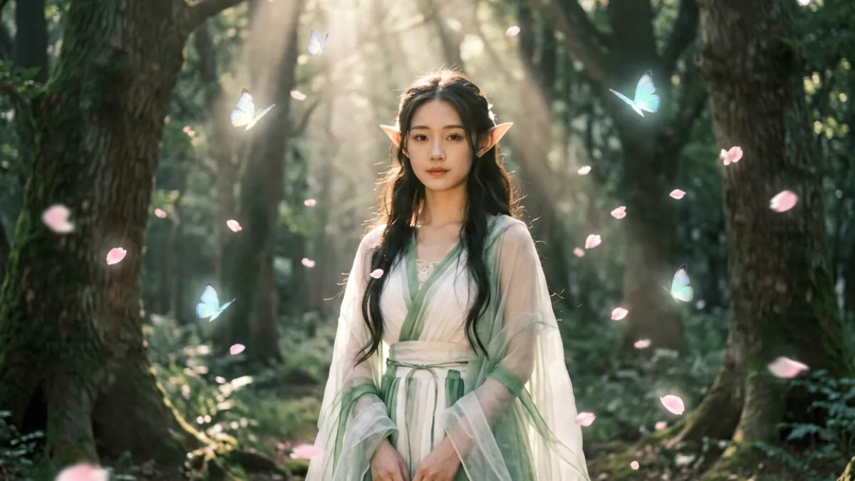 妖精动漫经典场景：精灵族少女站在古老森林的光束下，周围漂浮着发光的蝴蝶与花瓣，营造出梦幻奇幻氛围